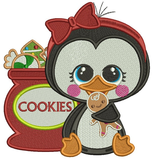 Penguin Holding Gingerbread Man Next To Bag Of Cookies Filled Christmas Machine Embroidery Design Digitized Pattern