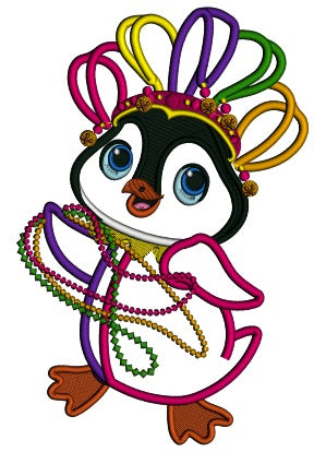 Penguin Holding Mardi Gras Beads Applique Machine Embroidery Design Digitized Pattern