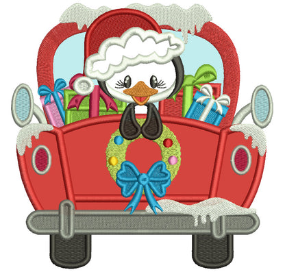 Penguin In The Back Of The Truck With Presents Christmas Applique Machine Embroidery Design Digitized Pattern Filled Machine Embroidery Design Digitized Pattern