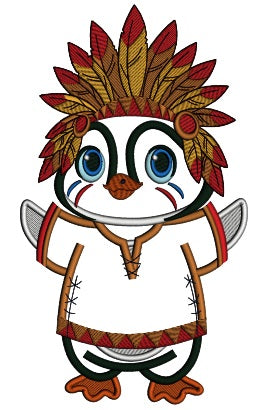 Penguin Indian Wearing Hat With Feathers Thanksgiving Applique Machine Embroidery Design Digitized Pattern