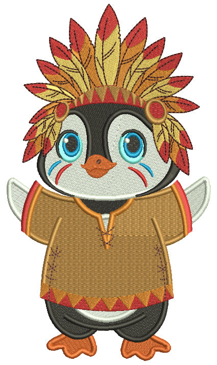 Penguin Indian Wearing Hat With Feathers Thanksgiving Filled Machine Embroidery Design Digitized Pattern