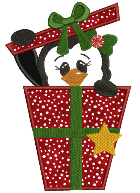 Penguin Present Box Christmas Applique Machine Embroidery Digitized Design Pattern