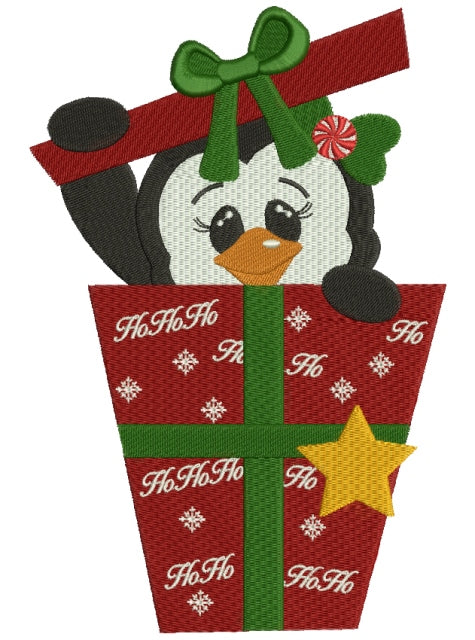 Penguin Present Box Christmas Filled Machine Embroidery Digitized Design Pattern