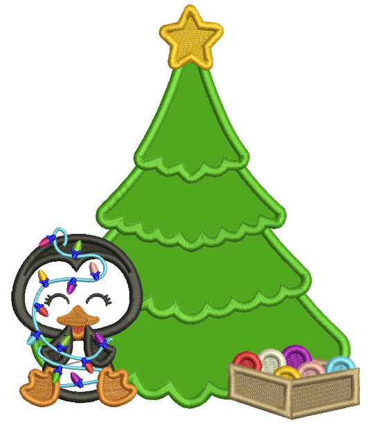 Penguin With Lights And Christmas Tree Applique Machine Embroidery Design Digitized Pattern