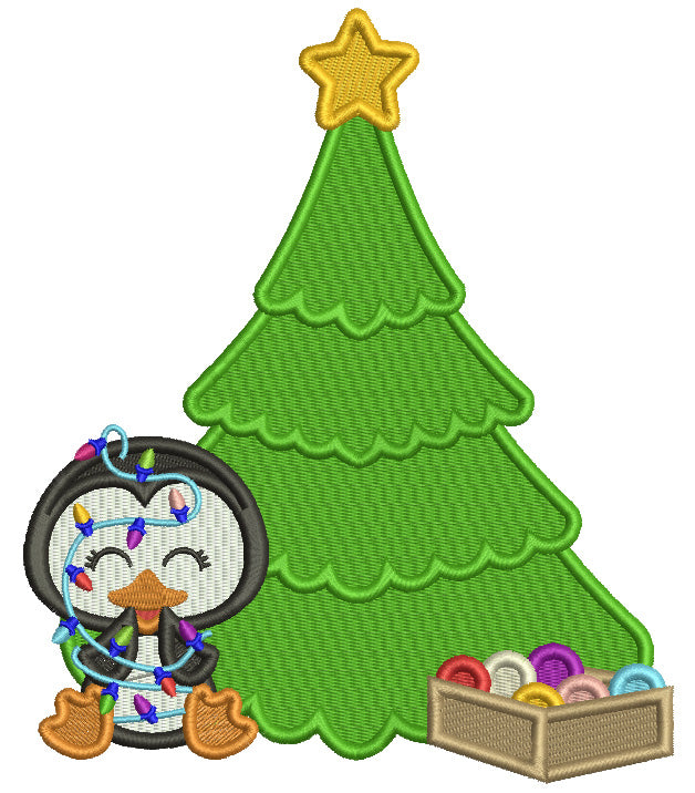 Penguin With Lights And Christmas Tree Filled Machine Embroidery Design Digitized Pattern