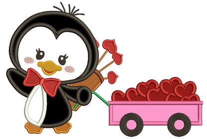 Penguin With Wagon Full Of Hearts Applique Machine Embroidery Design Digitized Pattern