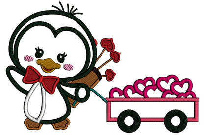 Penguin With Wagon Full Of Hearts Applique Machine Embroidery Design Digitized Pattern