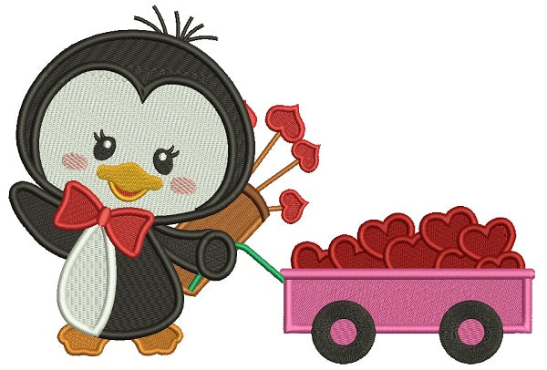 Penguin With Wagon Full Of Hearts Filled Machine Embroidery Design Digitized Pattern