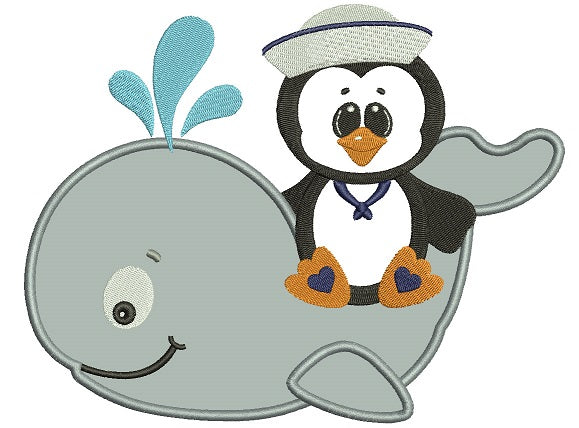 Penguin on a Whale Applique Machine Embroidery Digitized Design Pattern