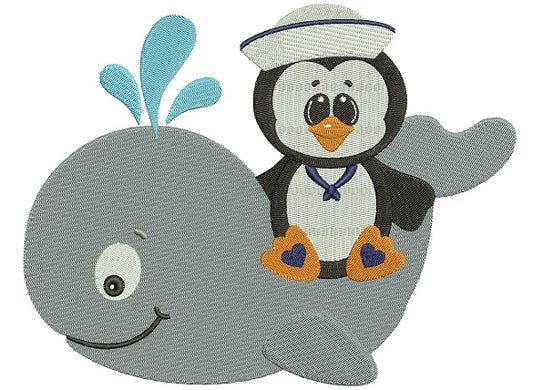 Penguin on a Whale Filled Machine Embroidery Digitized Design Pattern