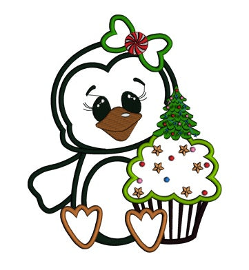 Penguin with Christmas cupcake Applique Machine Embroidery Digitized Design Pattern
