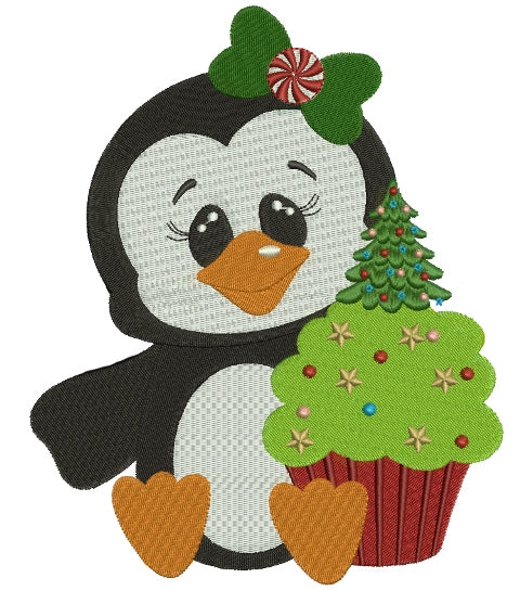Penguin with Christmas cupcake Filled Machine Embroidery Digitized Design Pattern