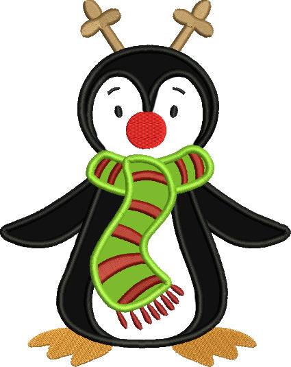 Penguin with a scarf and red nose Christmas Applique Machine Embroidery Digitized Design Pattern