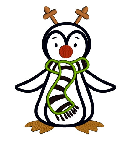 Penguin with a scarf and red nose Christmas Applique Machine Embroidery Digitized Design Pattern
