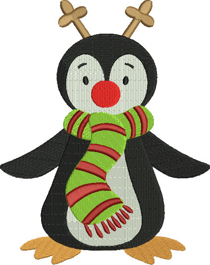 Penguin with a scarf and red nose Christmas Filled Machine Embroidery Digitized Design Pattern