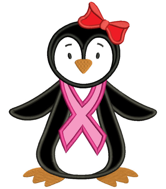Penguin Wearing Breast Cancer Awareness Ribbon Applique Machine Embroidery Design Digitized Pattern