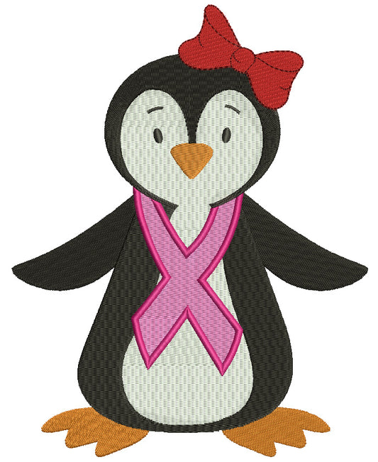 Penguin Wearing Breast Cancer Awareness Ribbon Filled Machine Embroidery Design Digitized Pattern