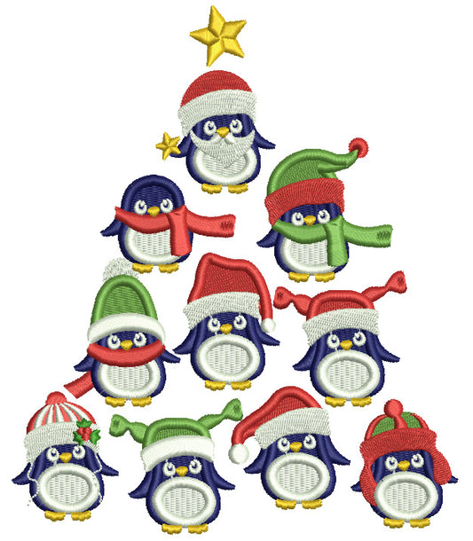 Penguins Christmas Tree Filled Machine Embroidery Design Digitized Pattern