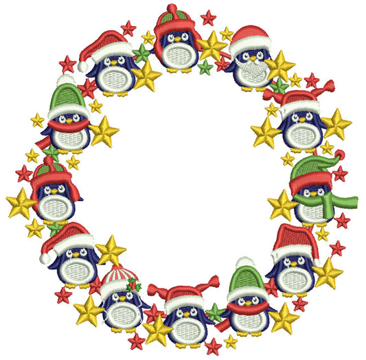 Penguins Christmas Wreath Filled Machine Embroidery Design Digitized Pattern
