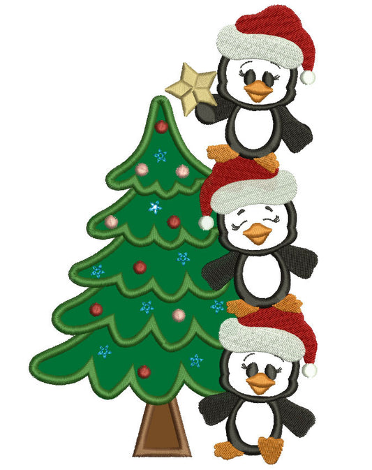Penguins With Christmas Tree Applique Machine Embroidery Digitized Design Pattern