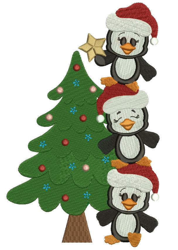 Penguins With Christmas Tree Filled Machine Embroidery Digitized Design Pattern