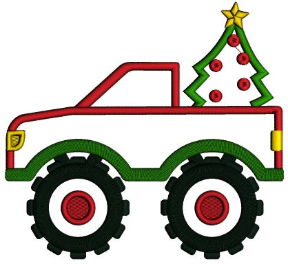 Pick Up Truck With Huge Wheels And Christmas Tree Applique Machine Embroidery Design Digitized Pattern
