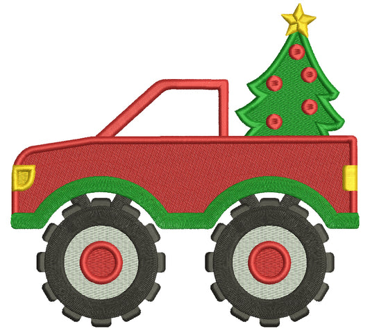 Pick Up Truck With Huge Wheels And Christmas Tree Filled Machine Embroidery Design Digitized Pattern