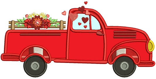 Pickup Truck With Flowers And Hearts Valentine's Day Applique Machine Embroidery Design Digitized Pattern