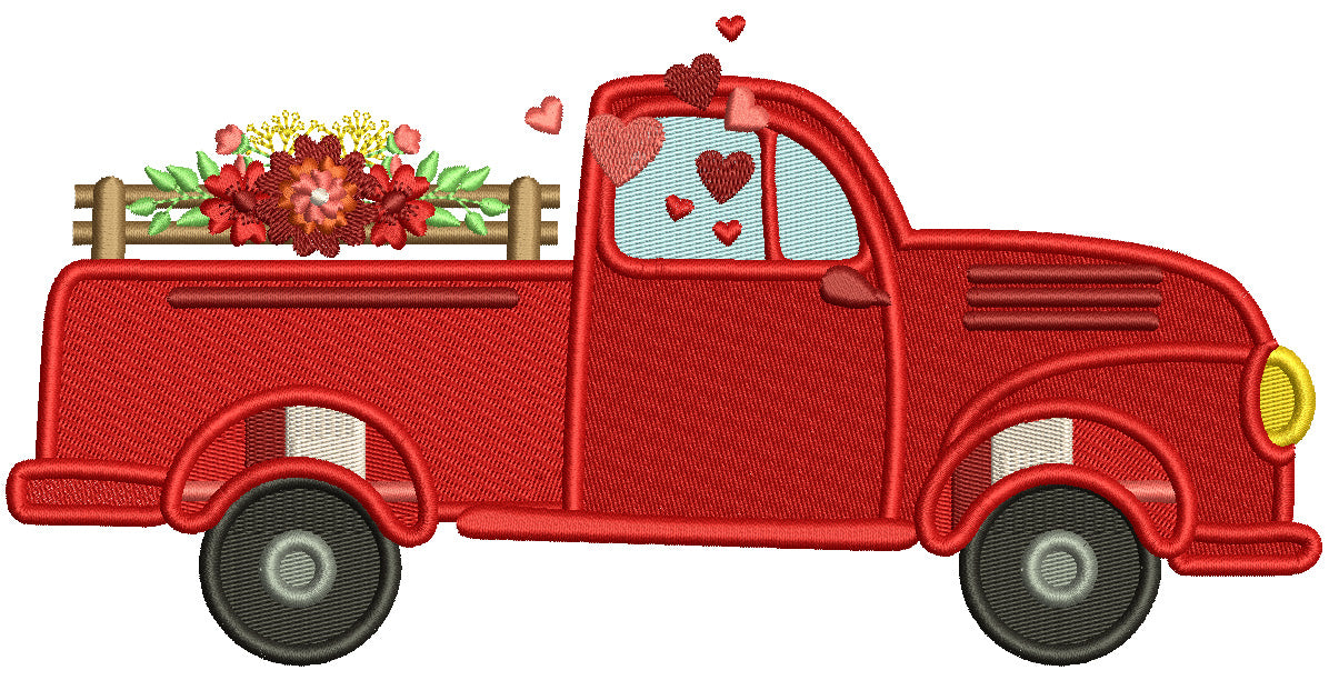 Pickup Truck With Flowers And Hearts Valentine's Day Filled Machine Embroidery Design Digitized Pattern