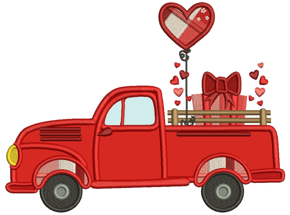 Pickup Truck With Hearts Shaped Balloon Valentine's Day Applique Machine Embroidery Design Digitized Pattern