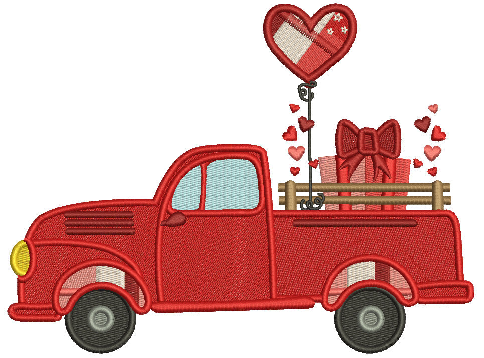 Pickup Truck With Hearts Shaped Balloon Valentine's Day Filled Machine Embroidery Design Digitized Pattern