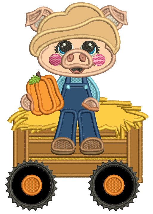 Piggy Farmer Sitting On a Wagon Fall Applique Machine Embroidery Design Digitized Pattern