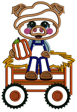 Piggy Farmer Sitting On a Wagon Fall Applique Machine Embroidery Design Digitized Pattern