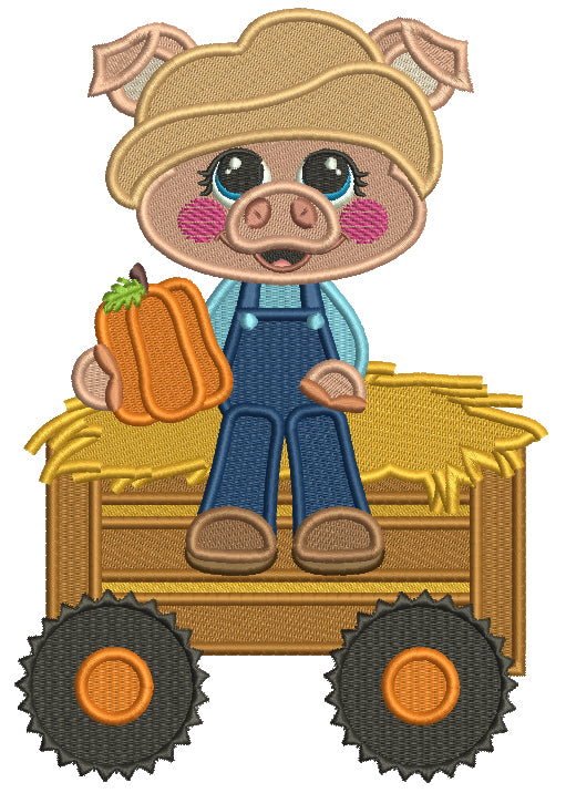 Piggy Farmer Sitting On a Wagon Fall Filled Machine Embroidery Design Digitized Pattern