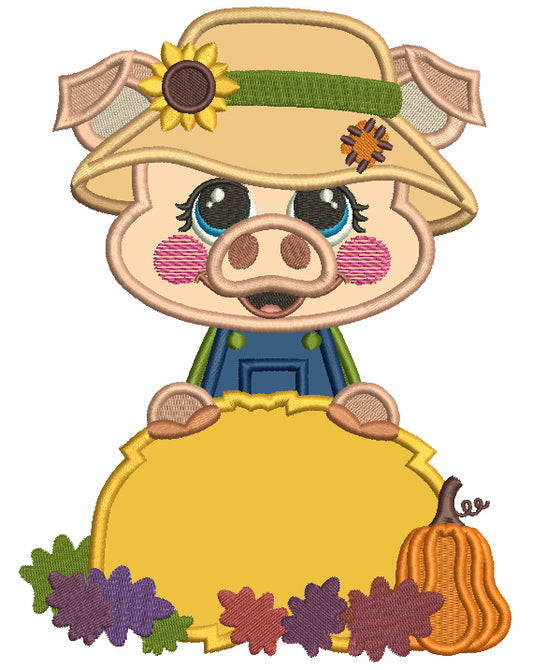 Piggy Farmer Wearing Hat With Sunflower Applique Filled Machine Embroidery Design Digitized Pattern