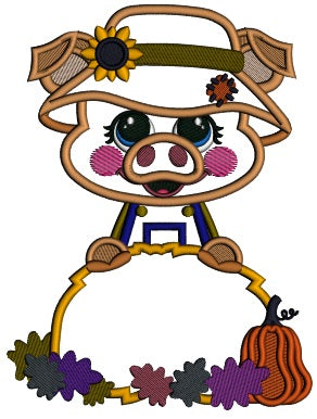 Piggy Farmer Wearing Hat With Sunflower Applique Filled Machine Embroidery Design Digitized Pattern