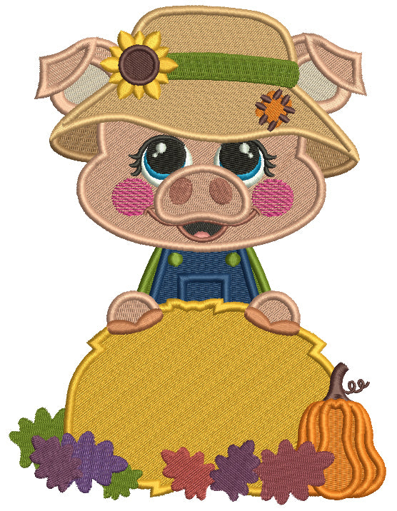 Piggy Farmer Wearing Hat With Sunflower Fall Filled Machine Embroidery Design Digitized Pattern