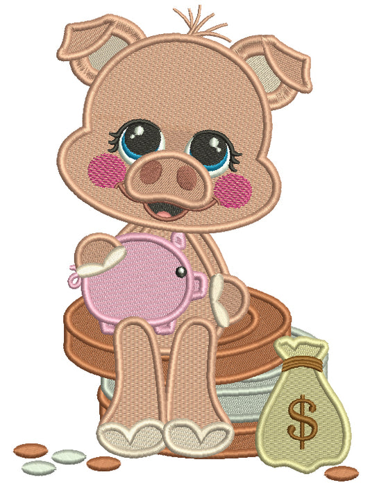 Piggy Sitting On Coins Filled Machine Embroidery Design Digitized Pattern