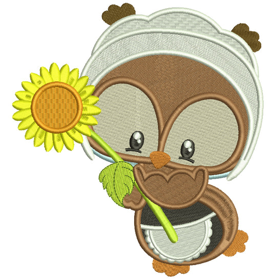 Pilgrim Owl Girl With Sunflower Thanksgiving Filled Machine Embroidery Digitized Design Pattern