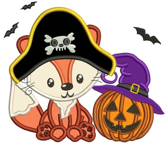 Pirate Fox With Halloween Pumpkin Applique Machine Embroidery Design Digitized Pattern