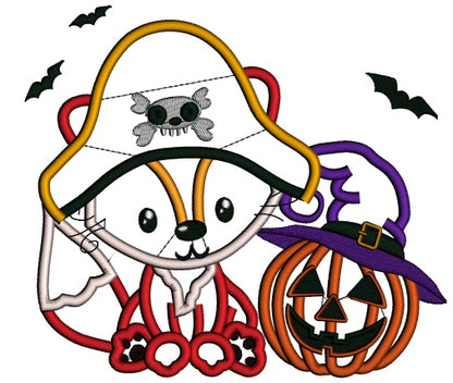 Pirate Fox With Halloween Pumpkin Applique Machine Embroidery Design Digitized Pattern