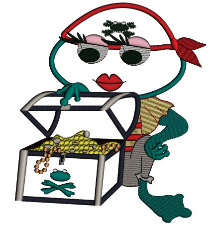 Pirate Girl Frog With a Treasure Chest Applique Machine Embroidery Digitized Design Pattern