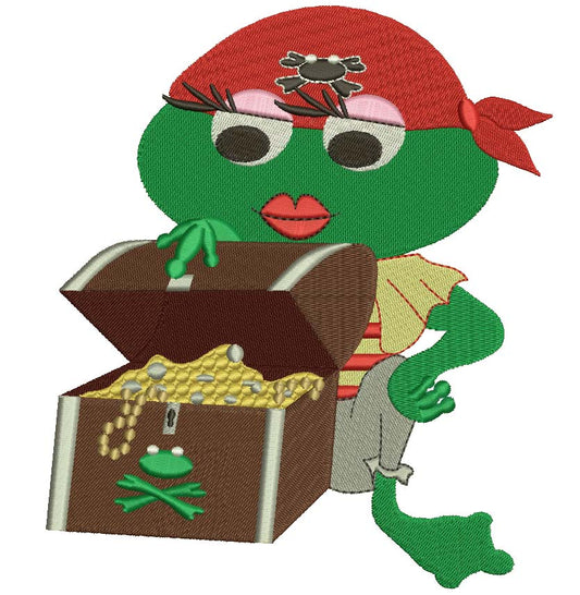 Pirate Girl Frog With a Treasure Chest Filled Machine Embroidery Digitized Design Pattern