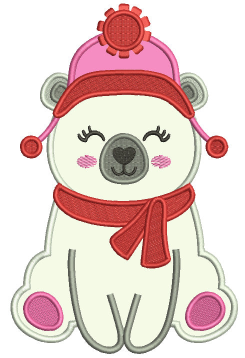 Polar Bear Wearing Winter Hat Christmas Applique Machine Embroidery Design Digitized Pattern