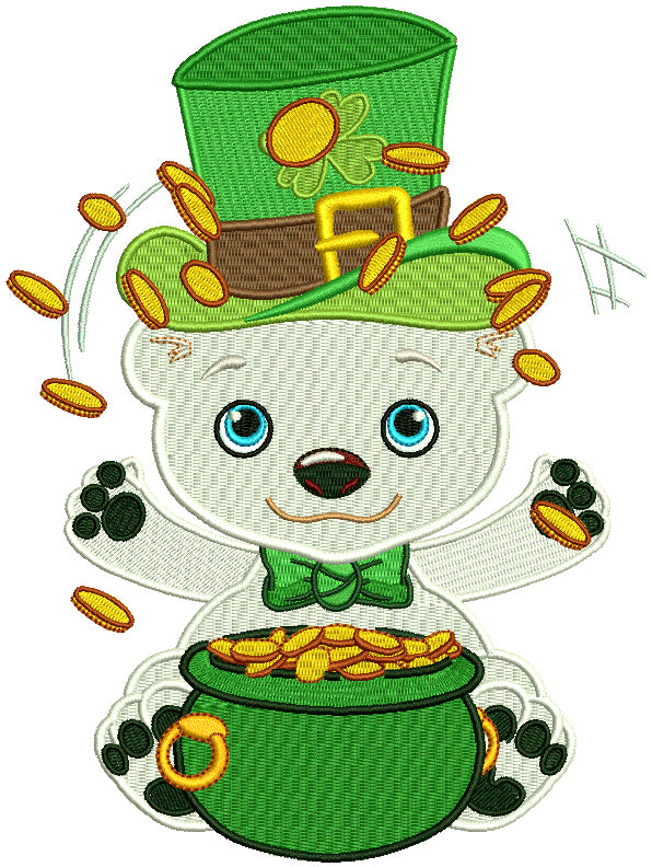 Polar Bear With a Pot Of Gold St. Patrick's Filled Machine Embroidery Design Digitized Pattern