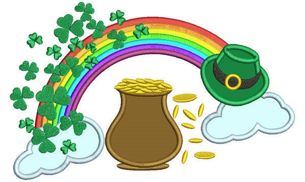 Pot Of Gold And Rainbow Applique St. Patrick's Day Machine Embroidery Design Digitized Pattern