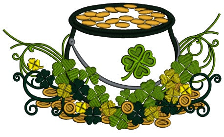 Pot of Gold With Shamrocks St.Patricks Day Applique Machine Embroidery Design Digitized Pattern