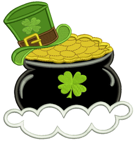 Pot of Gold With a Shamrock Hat Irish St Patrick's Day Applique Machine Embroidery Design Digitized Pattern
