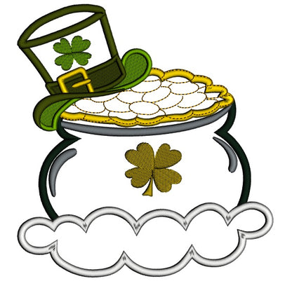 Pot of Gold With a Shamrock Hat Irish St Patrick's Day Applique Machine Embroidery Design Digitized Pattern