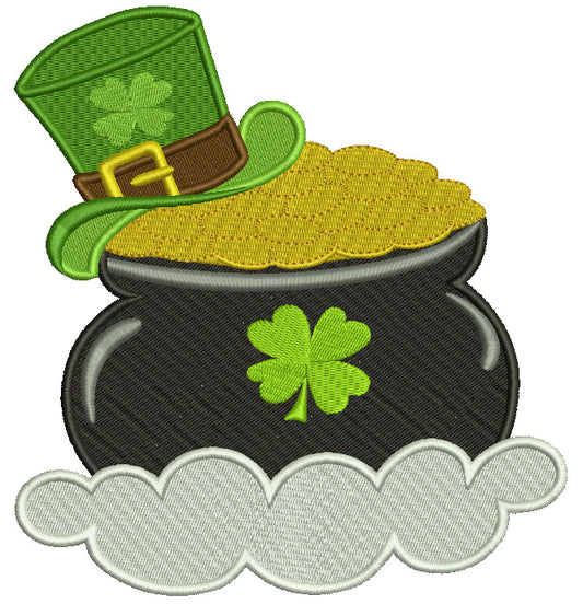 Pot of Gold With a Shamrock Hat Irish St Patrick's Day Filled Machine Embroidery Design Digitized Pattern